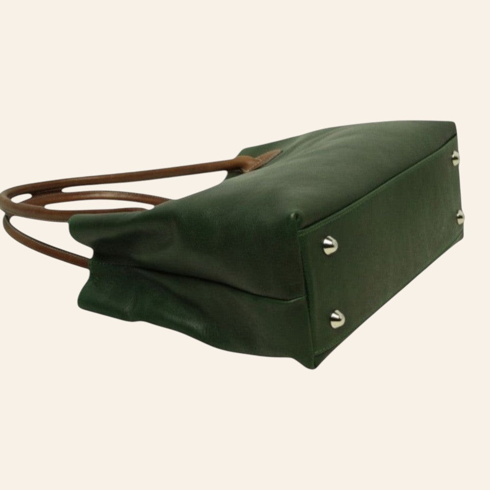 Borsa Vetrina Fiorentina in pelle pieno fiore verde con manici marroni e piedini metallici protettivi