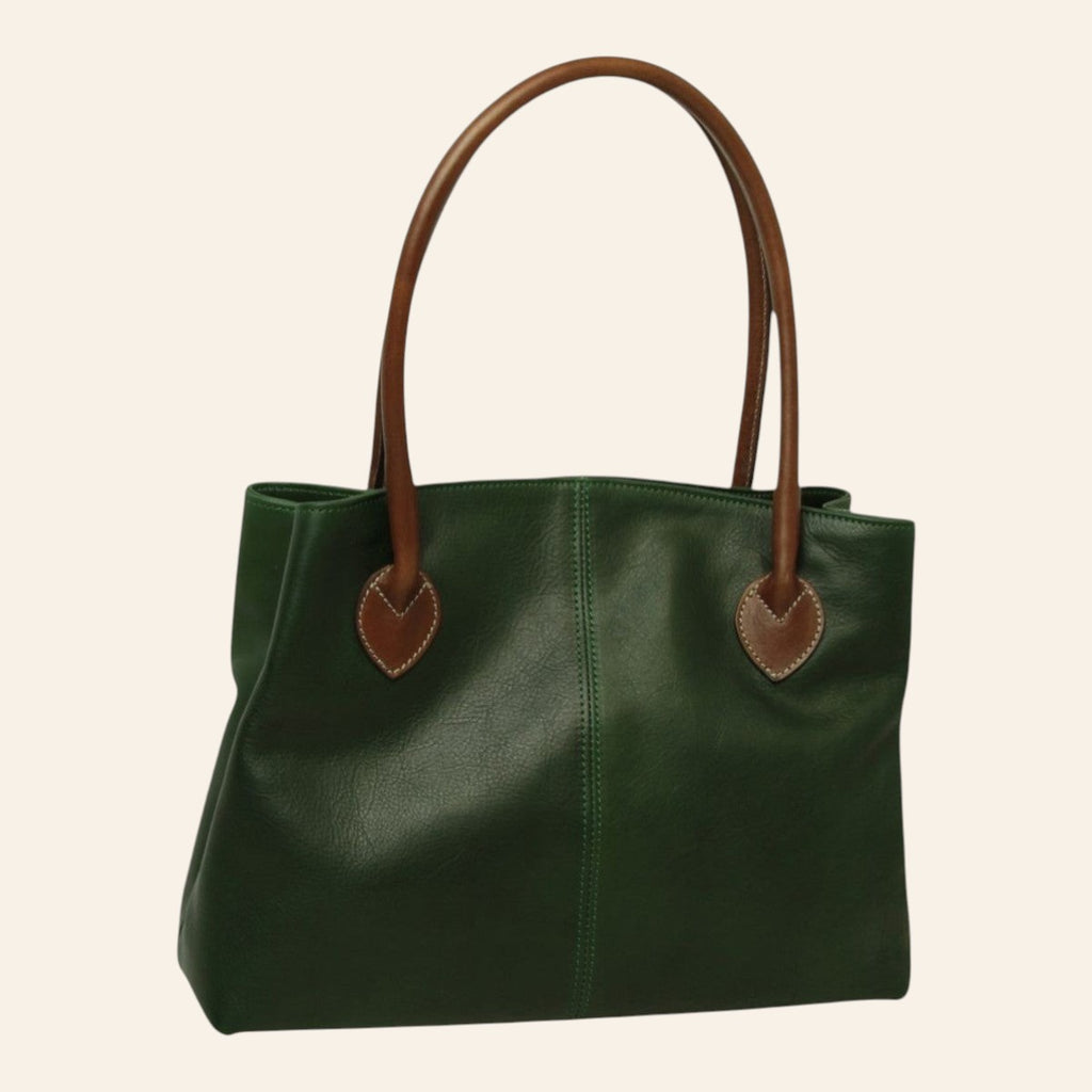 Borsa Vetrina Fiorentina artigianale in pelle pieno fiore verde con manici a contrasto color cuoio