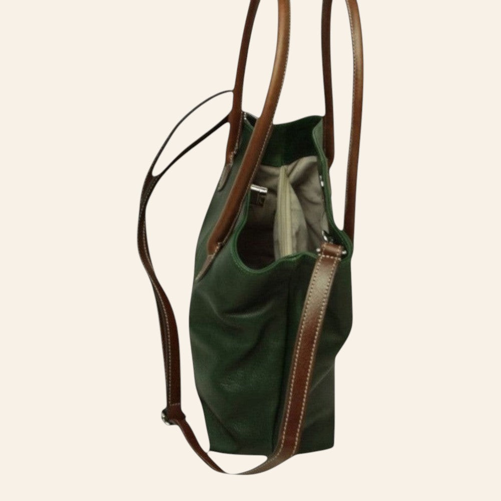 Borsa Vetrina Fiorentina bicolore in pelle pieno fiore verde con manici e tracolla marroni, vista laterale