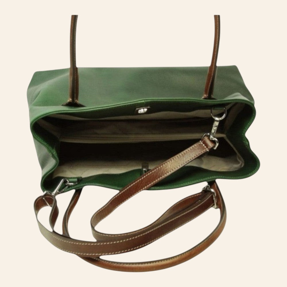 Borsa Vetrina Fiorentina bicolore in pelle pieno fiore verde e marrone con tracolla e scomparti interni