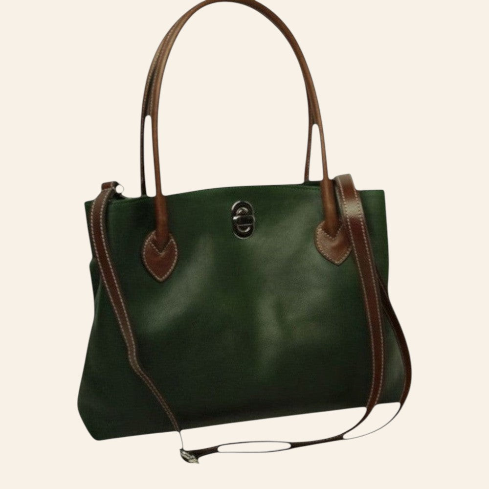 Borsa Vetrina Fiorentina bicolore in pelle pieno fiore verde e marrone con chiusura a girello e tracolla regolabile