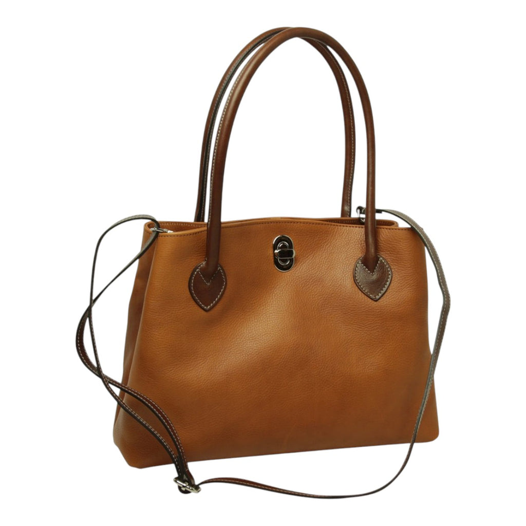 Borsa a mano Vetrina Fiorentina in pelle di vitello color coloniale con manici marroni e tracolla regolabile