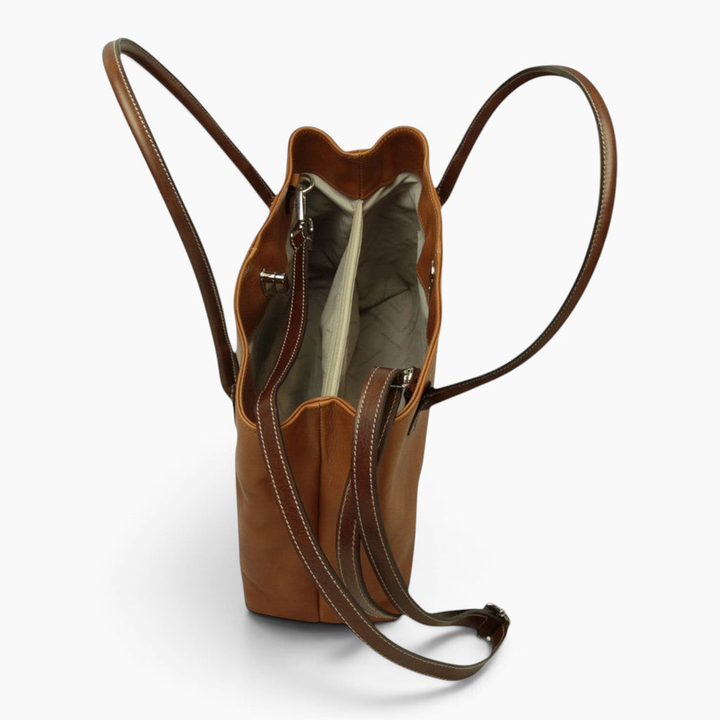 Borsa a mano Vetrina Fiorentina bicolore in pelle di vitello color coloniale con interni organizzati e tracolla