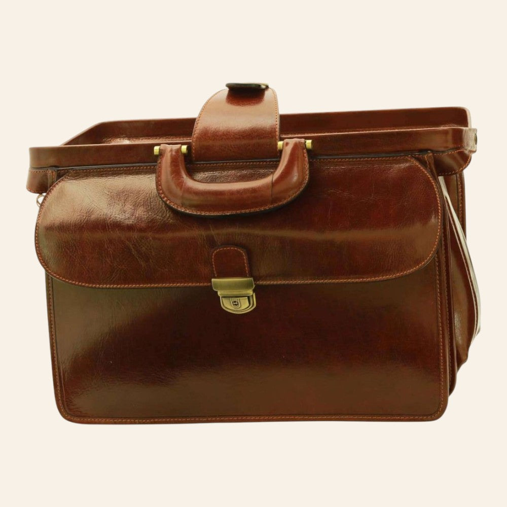 Borsa Vetrina Fiorentina in pelle di vitello pieno fiore marrone con chiusura a scatto e manico rigido artigianale