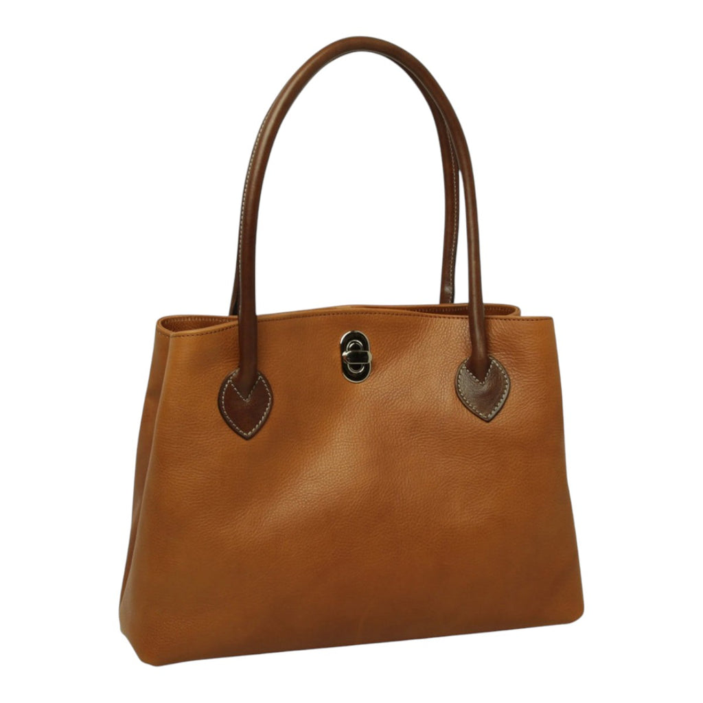 Borsa a mano Vetrina Fiorentina bicolore in pelle di vitello color cuoio con manici marroni e chiusura a girello