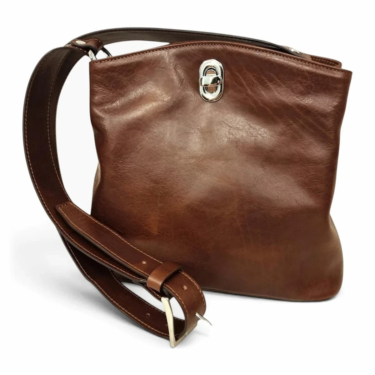 Borsa a secchiello Vetrina Fiorentina in pelle pieno fiore color castagna con chiusura a girello e tracolla regolabile