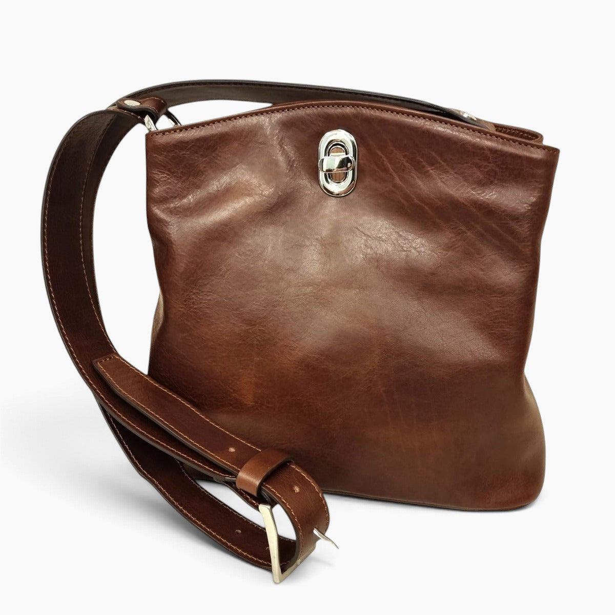 Borsa a secchiello Vetrina Fiorentina in pelle pieno fiore color castagna con chiusura a girello e tracolla regolabile