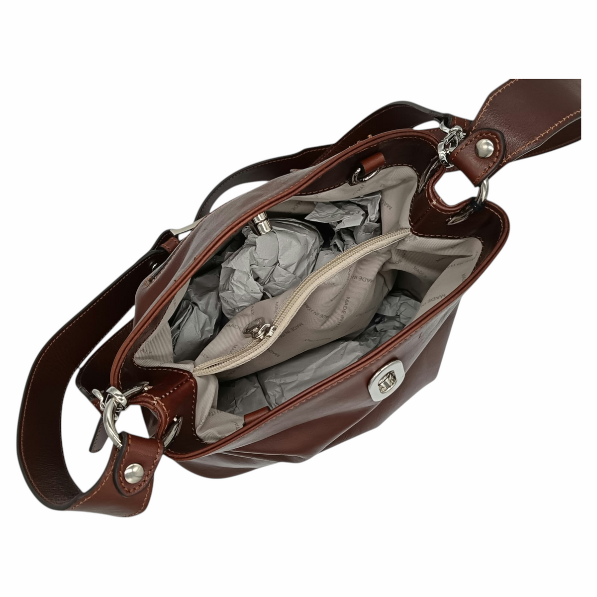 Interno della borsa a secchiello Vetrina Fiorentina in pelle pieno fiore color castagna con scomparti e zip