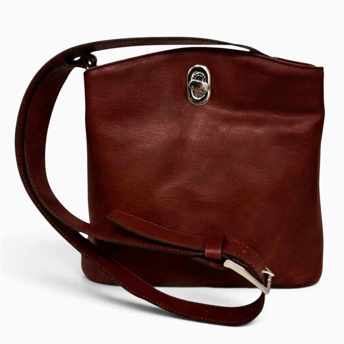 Borsa a secchiello Vetrina Fiorentina in pelle pieno fiore color mogano con chiusura a girello e tracolla regolabile