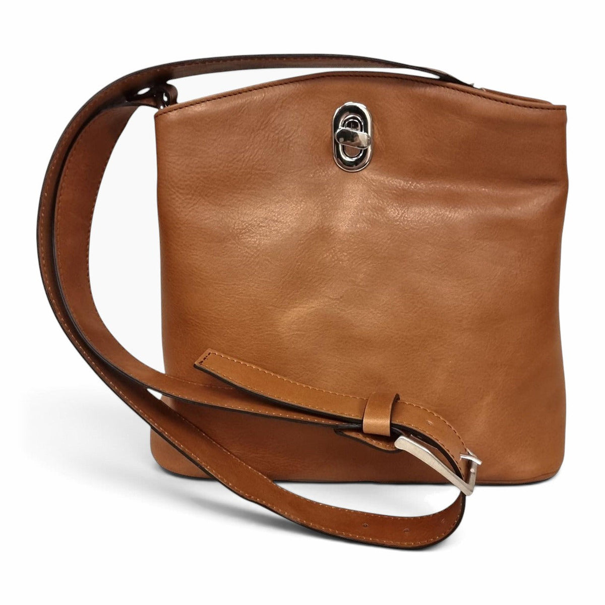 Borsa a secchiello Vetrina Fiorentina in pelle pieno fiore color teak con chiusura a girello e tracolla regolabile