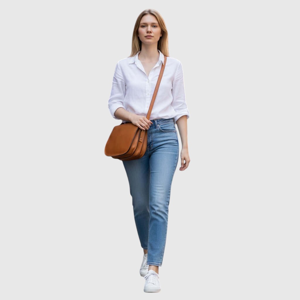 Borsa a tracolla in pelle cuoio indossata da donna, tracolla in cuoio.