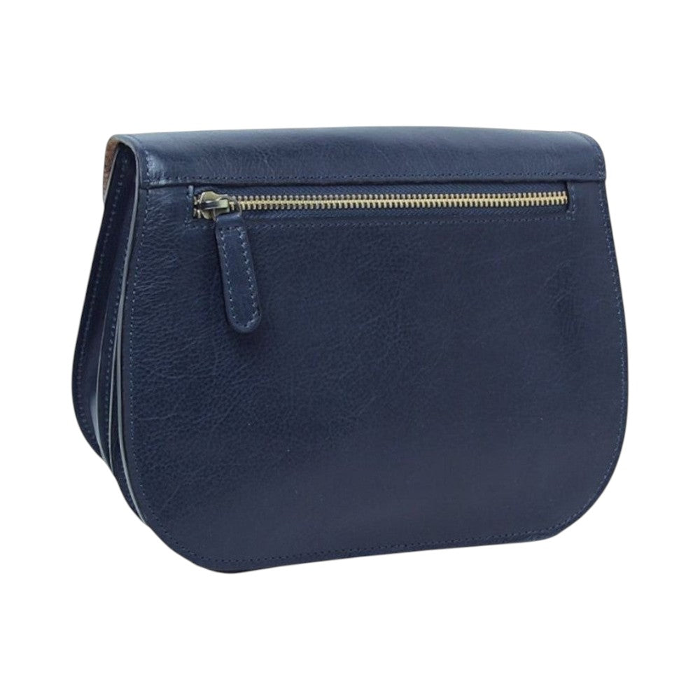 Borsa a tracolla Vetrina Fiorentina in pelle di vitello blu con tasca posteriore con zip e finiture artigianali