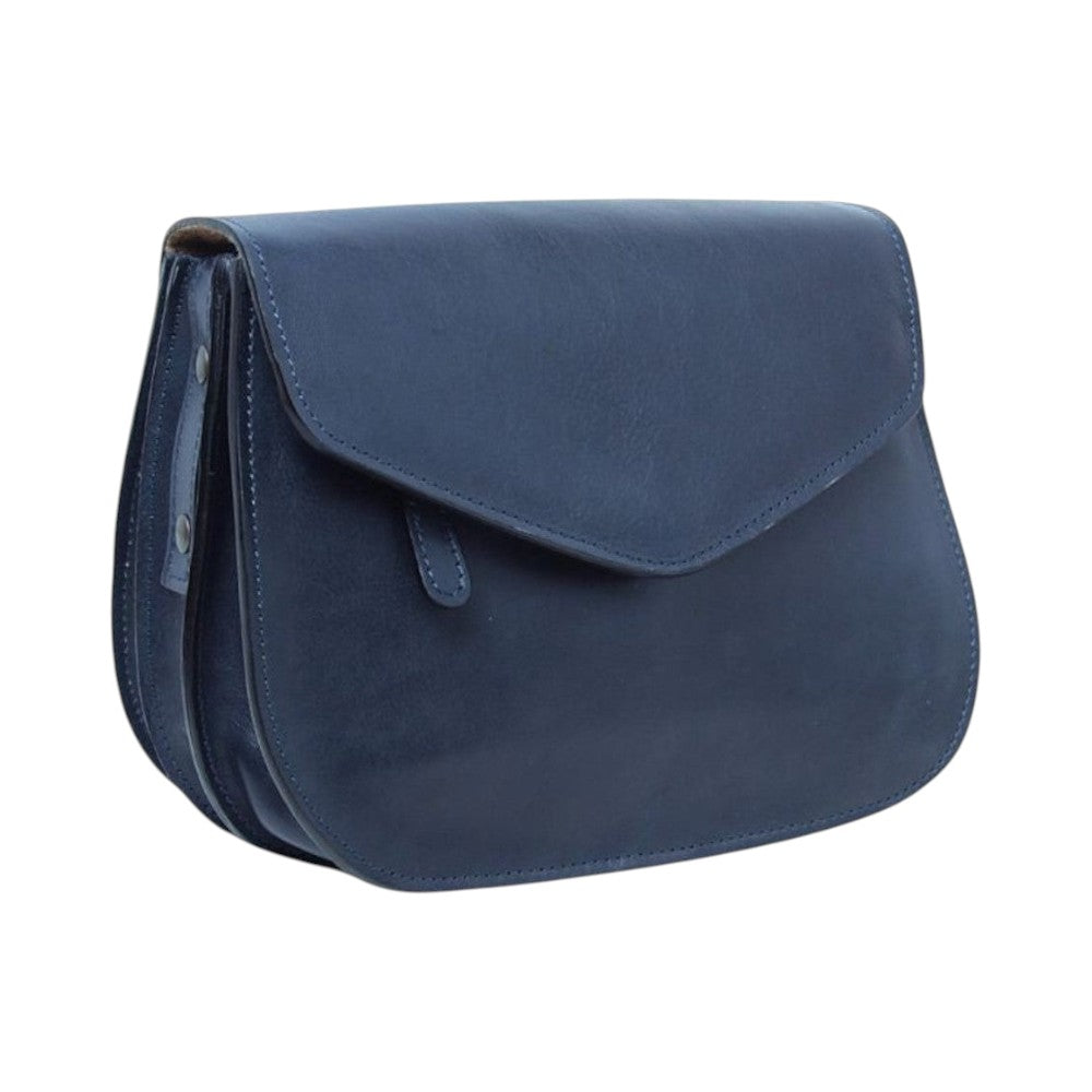 Borsa a tracolla Vetrina Fiorentina in pelle di vitello blu artigianale con patta e finiture di alta qualità