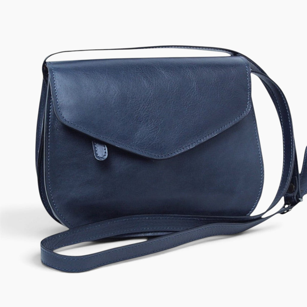 Borsa a tracolla Vetrina Fiorentina in pelle di vitello blu artigianale con patta e tracolla regolabile