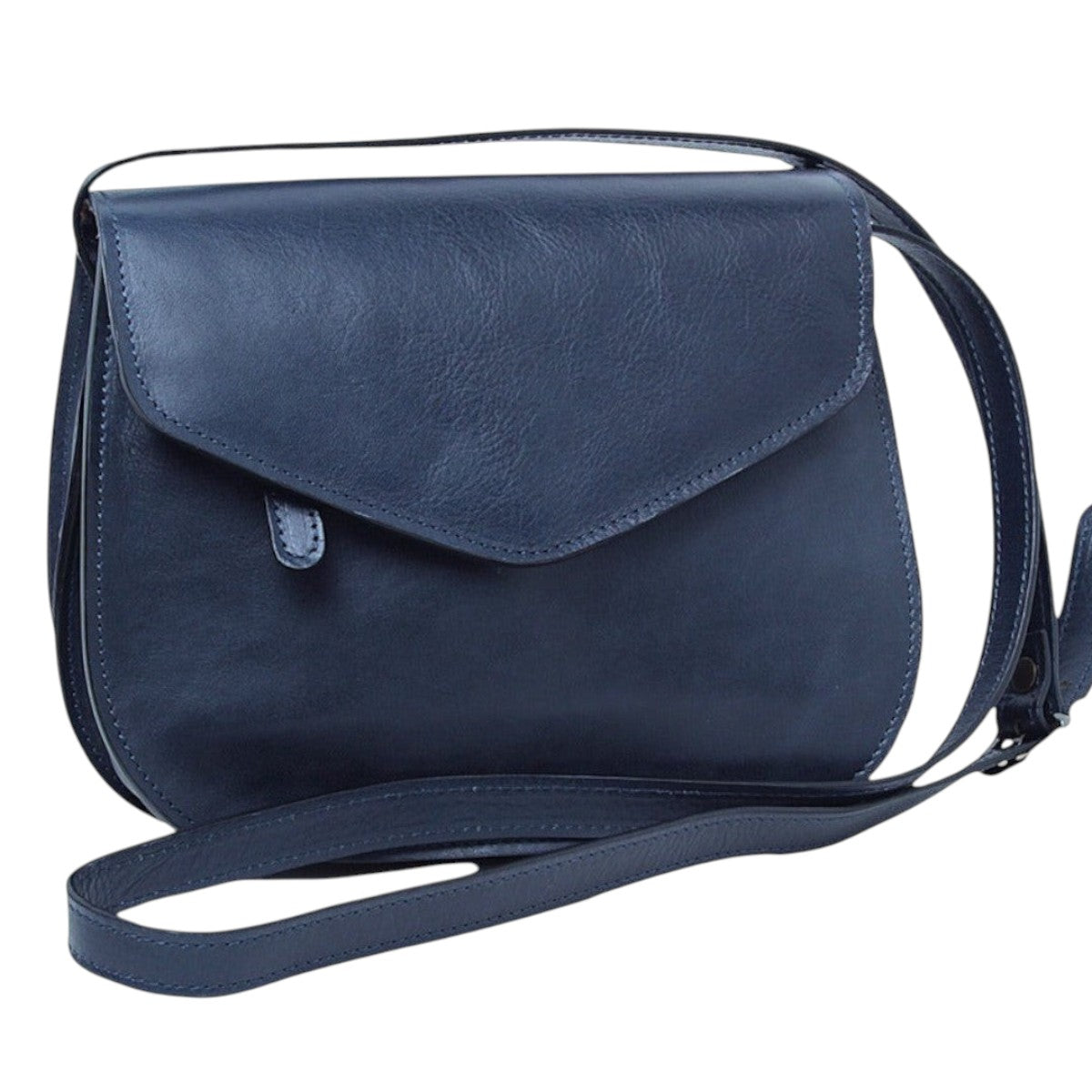 Borsa a tracolla Vetrina Fiorentina in pelle di vitello blu con patta e tracolla regolabile, design artigianale