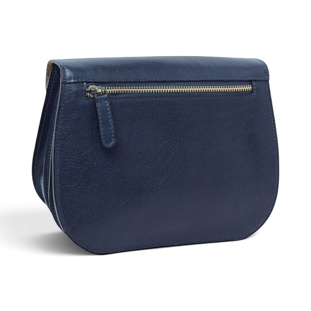 Borsa a tracolla Vetrina Fiorentina in pelle di vitello blu con tasca posteriore con zip e finiture artigianali