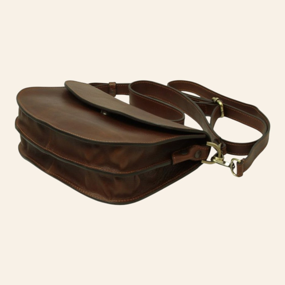 Borsa a tracolla Vetrina Fiorentina in pelle di vitello pieno fiore color castagna con chiusura a pattina