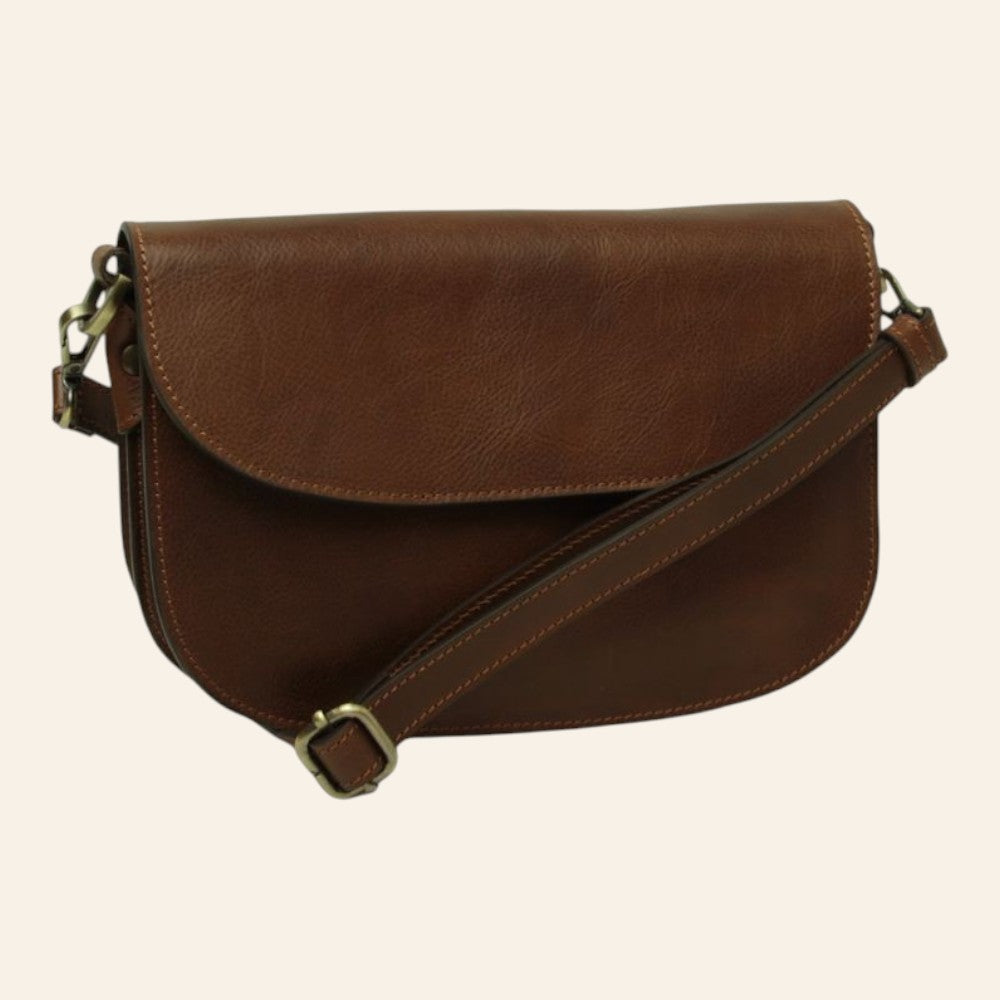 Borsa a tracolla Vetrina Fiorentina in pelle di vitello pieno fiore color castagna con chiusura magnetica