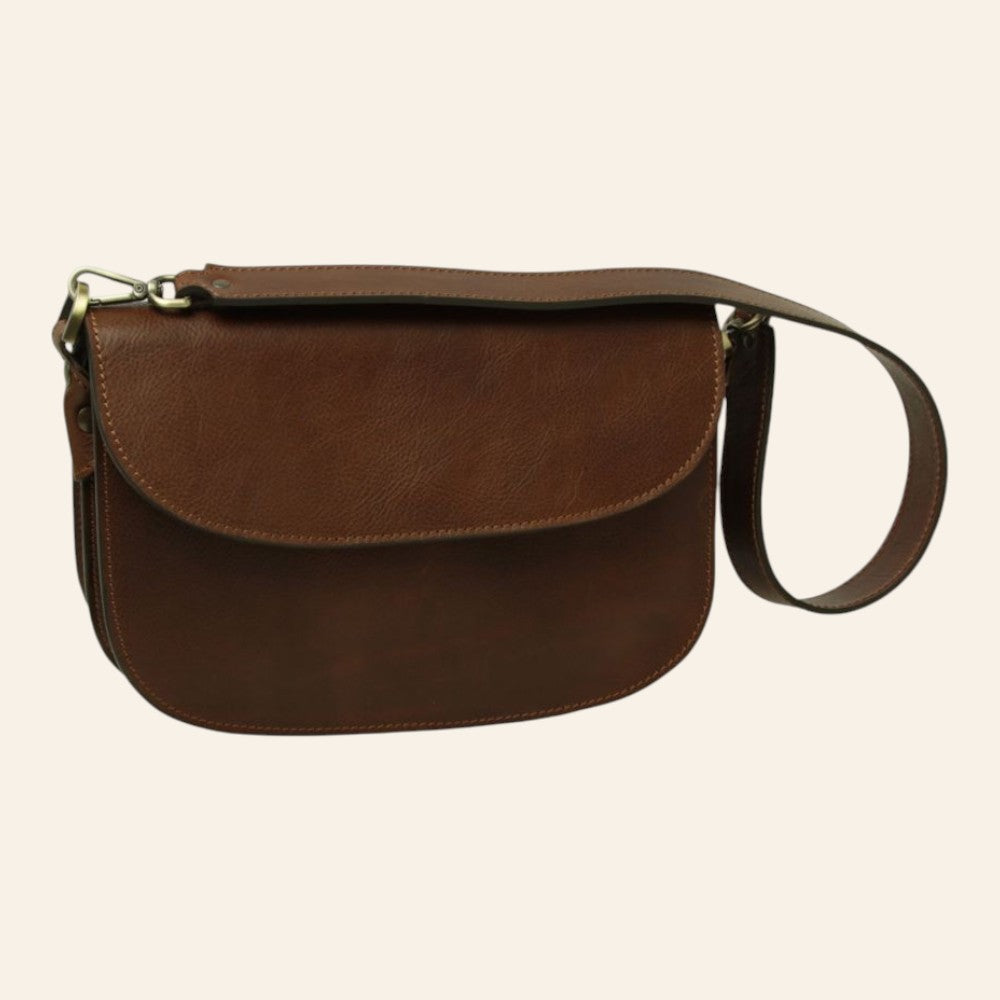 Borsa a tracolla Vetrina Fiorentina in pelle di vitello pieno fiore color castagna con tracolla corta rimovibile