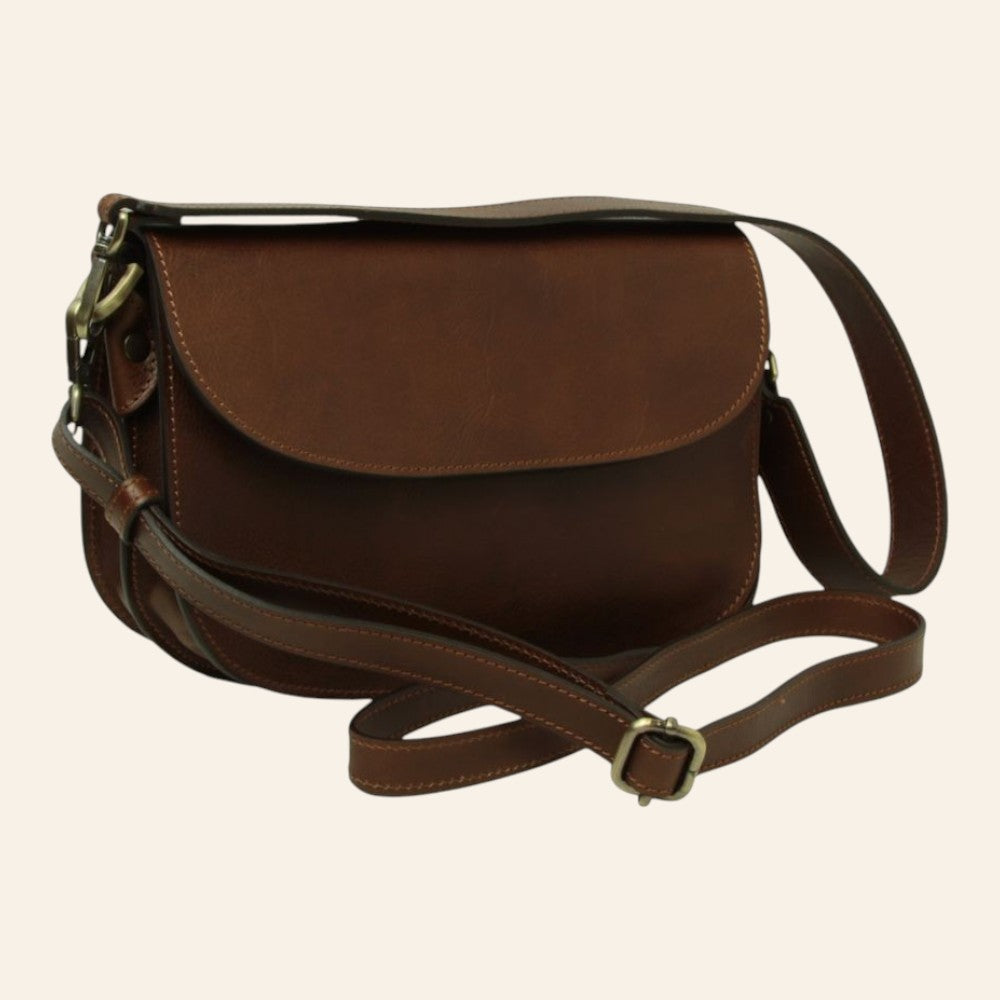 Borsa a tracolla Vetrina Fiorentina in pelle di vitello pieno fiore color castagna con chiusura a pattina
