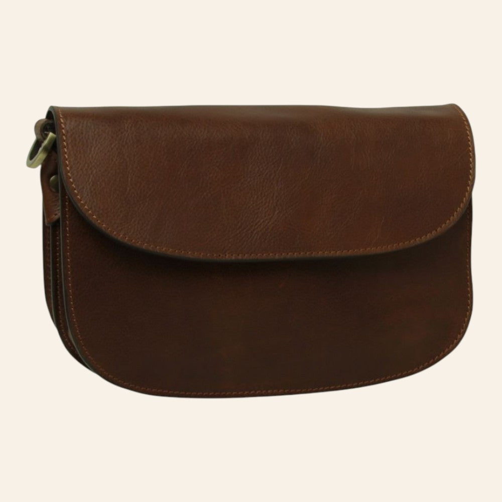 Borsa a tracolla Vetrina Fiorentina in pelle di vitello pieno fiore color castagna con pattina e chiusura magnetica