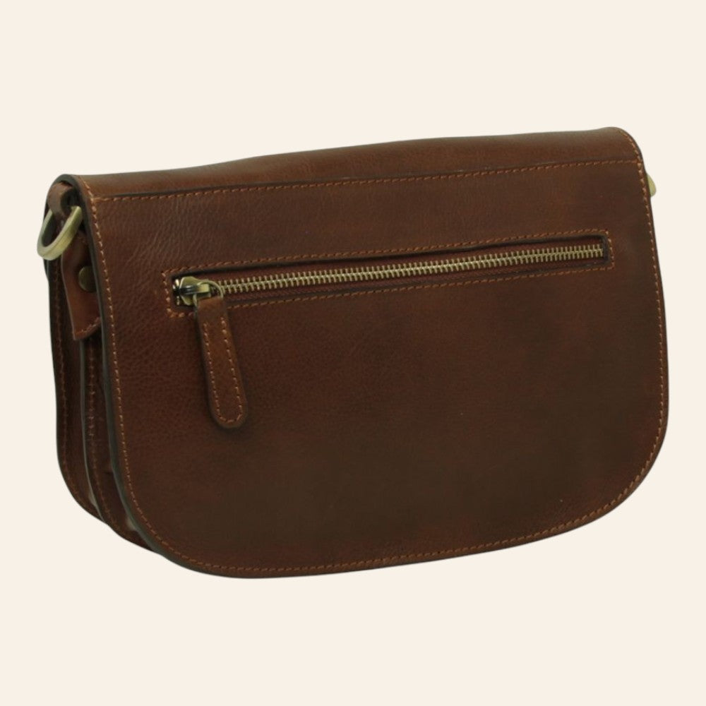 Borsa a tracolla Vetrina Fiorentina in pelle di vitello pieno fiore color castagna con tasca posteriore a cerniera