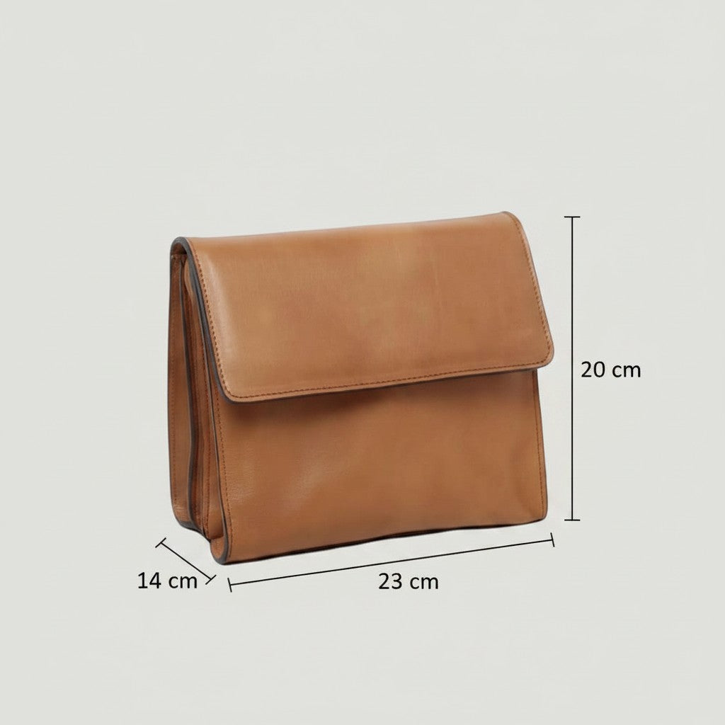 Borsa a tracolla Vetrina Fiorentina in pelle di vitello pieno fiore color coloniale con chiusura a pattina e dimensioni