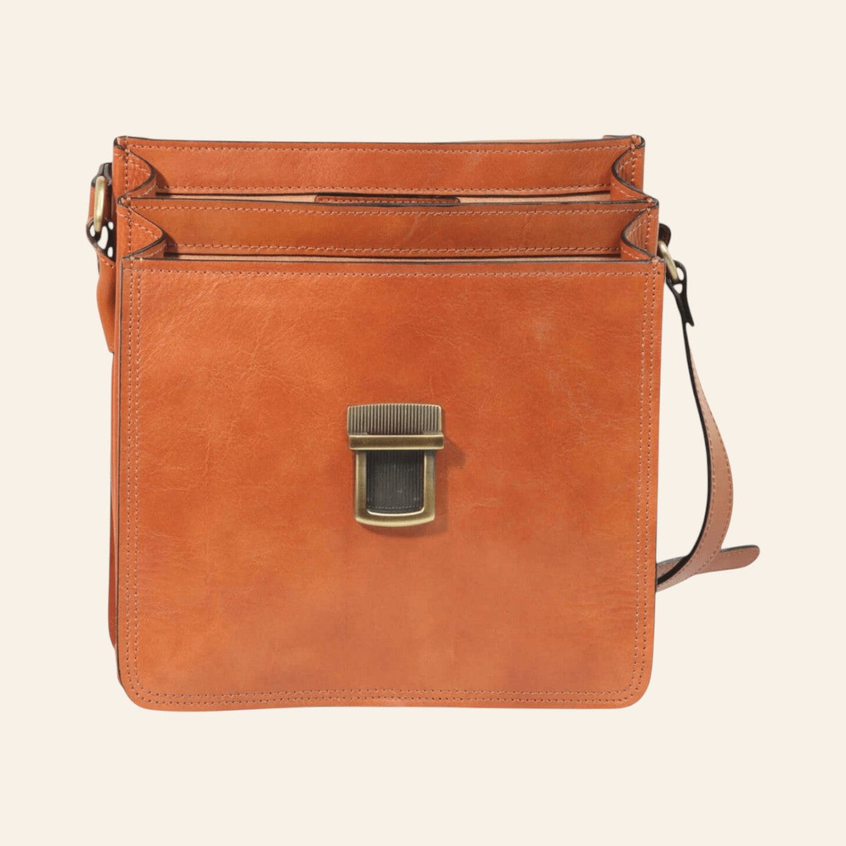 Borsa a tracolla Vetrina Fiorentina in pelle di vitello color coloniale con chiusura a clip in metallo anticato