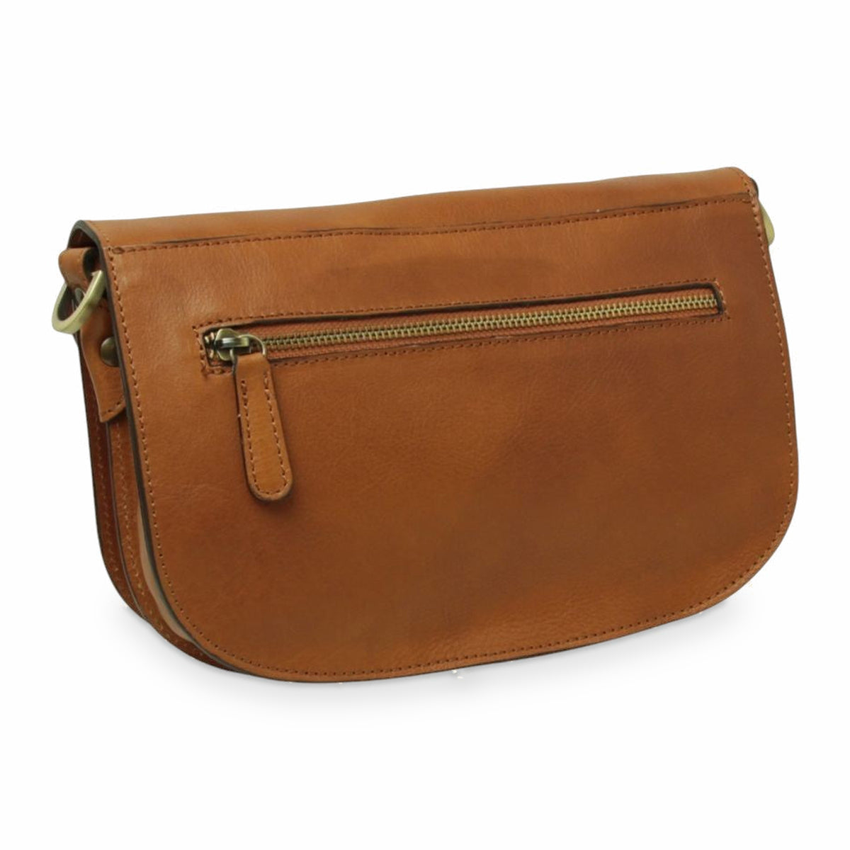 Borsa a tracolla Vetrina Fiorentina in pelle di vitello color coloniale con tasca posteriore con zip e dettagli in ottone