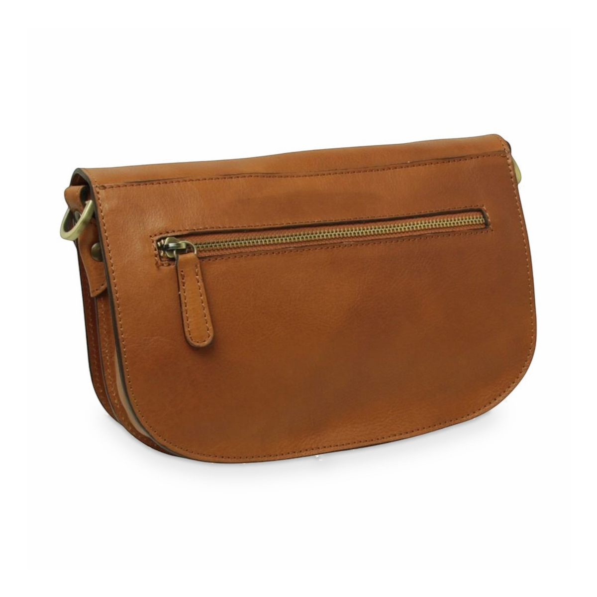 Borsa a tracolla Vetrina Fiorentina in pelle di vitello color coloniale con tasca posteriore con zip e dettagli in ottone