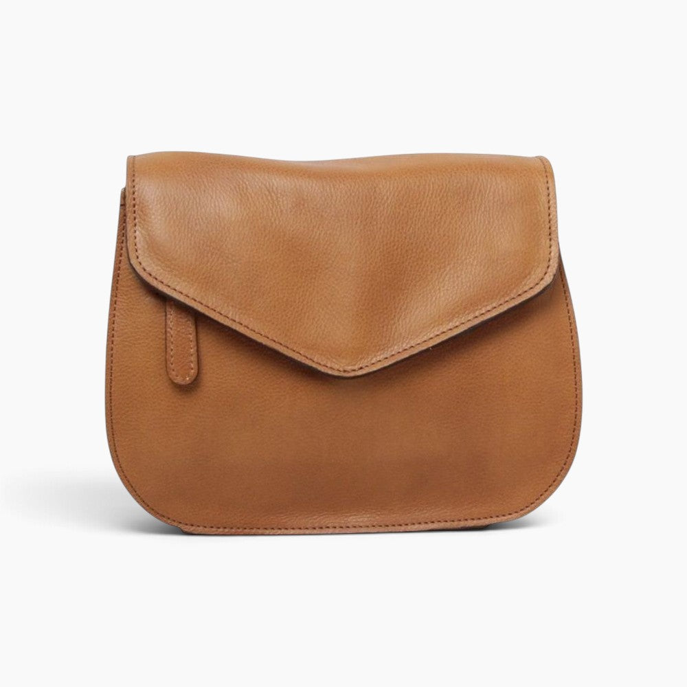 Borsa a tracolla Vetrina Fiorentina in pelle di vitello color coloniale con patta frontale e design artigianale