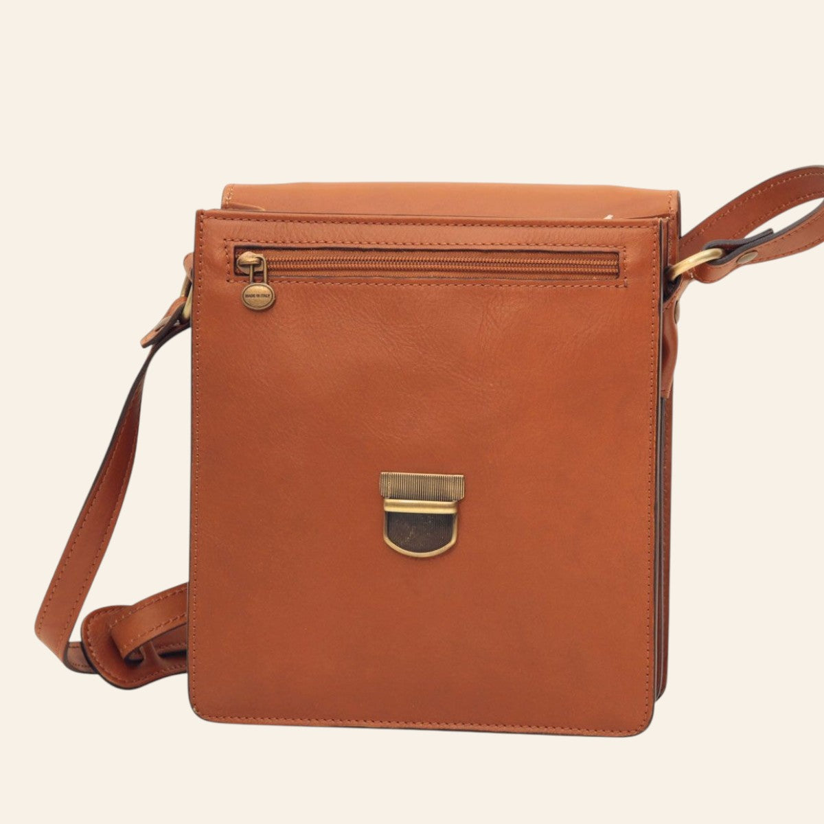 Borsa a tracolla Vetrina Fiorentina in pelle di vitello color coloniale con chiusura a clip e tasca esterna con zip