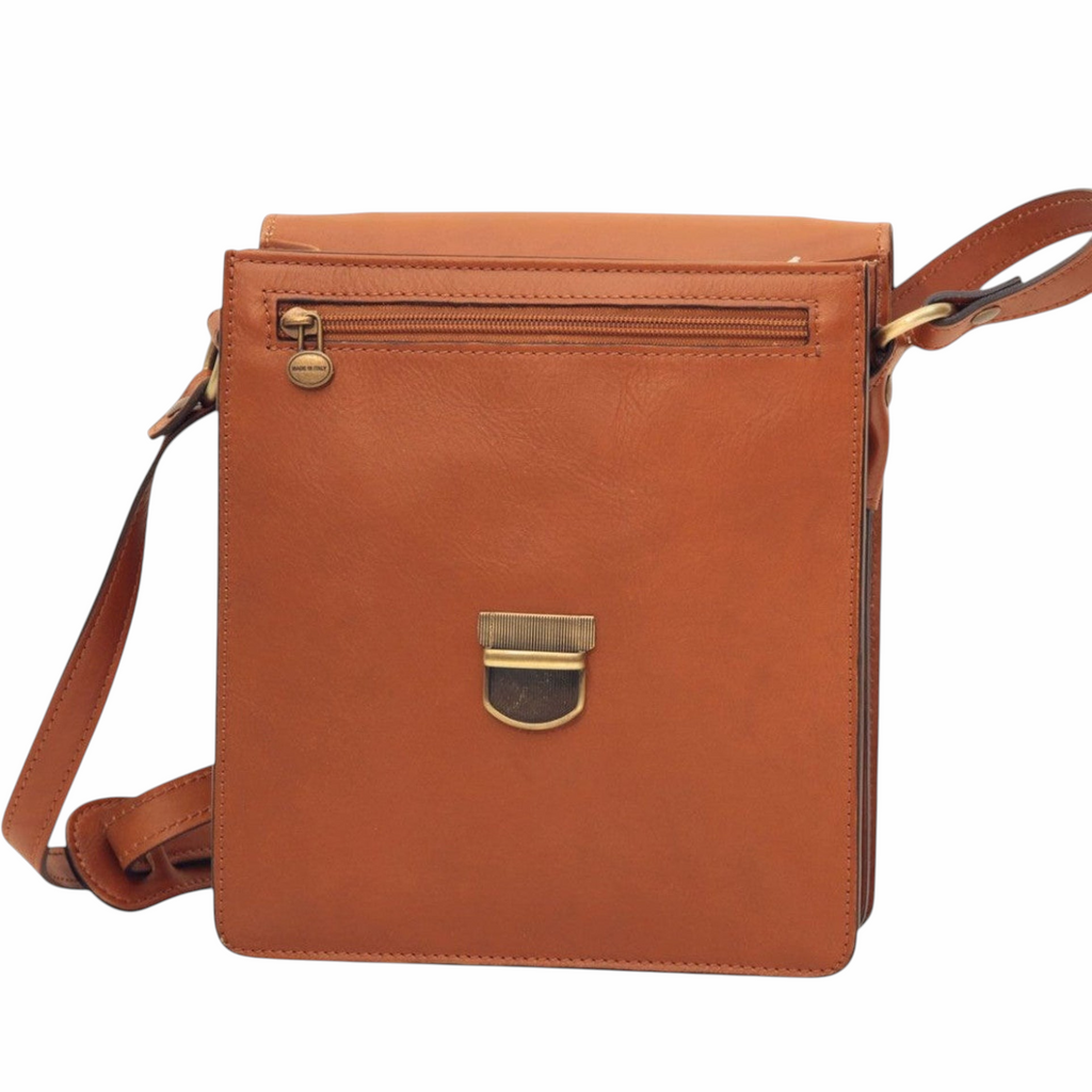 Borsa a tracolla Vetrina Fiorentina in pelle di vitello color coloniale con chiusura a clip e tasca esterna con zip