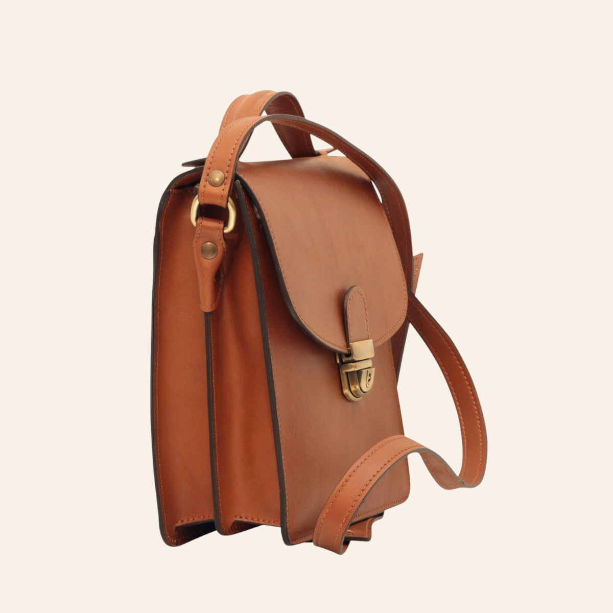 Borsa a tracolla Vetrina Fiorentina in pelle di vitello color coloniale con chiusura a clip e tracolla regolabile
