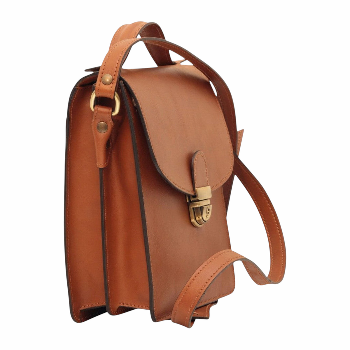 Borsa a tracolla Vetrina Fiorentina in pelle di vitello color coloniale con chiusura a clip e tracolla regolabile