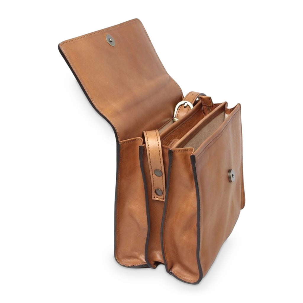 Borsa a tracolla Vetrina Fiorentina artigianale in pelle di vitello color coloniale con scomparti interni
