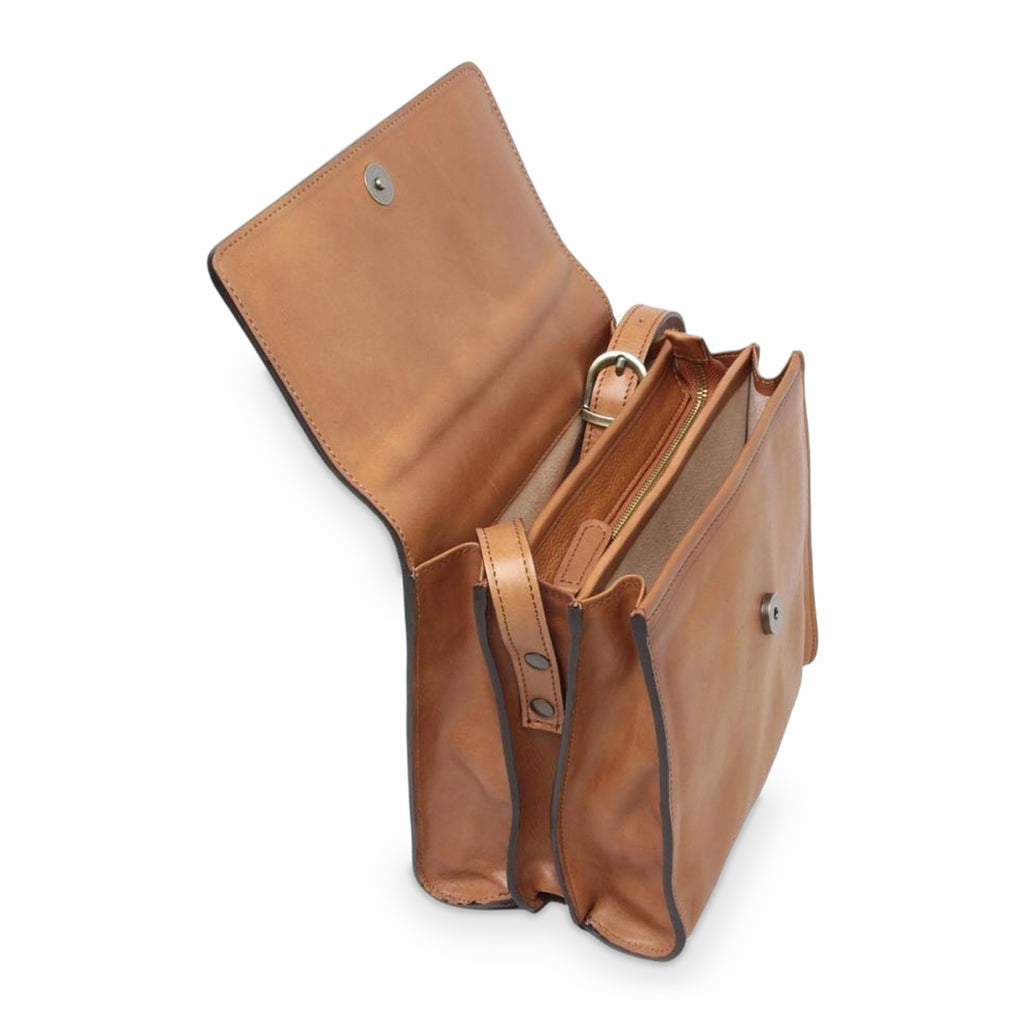 Borsa a tracolla Vetrina Fiorentina in pelle di vitello color coloniale con scomparti interni e chiusura a scatto