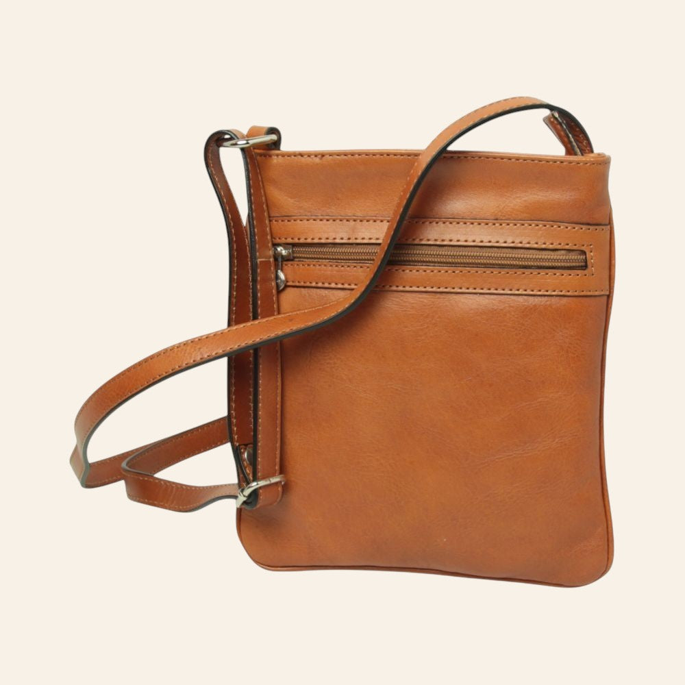 Borsa a tracolla Vetrina Fiorentina in pelle di vitello pieno fiore color coloniale con tasca esterna e zip