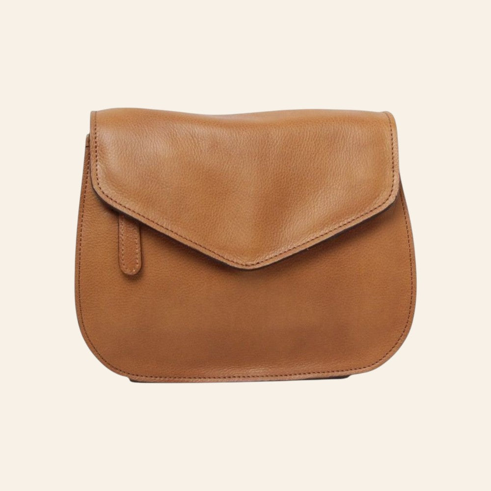 Borsa a tracolla Vetrina Fiorentina in pelle di vitello color coloniale con pattina frontale e design artigianale