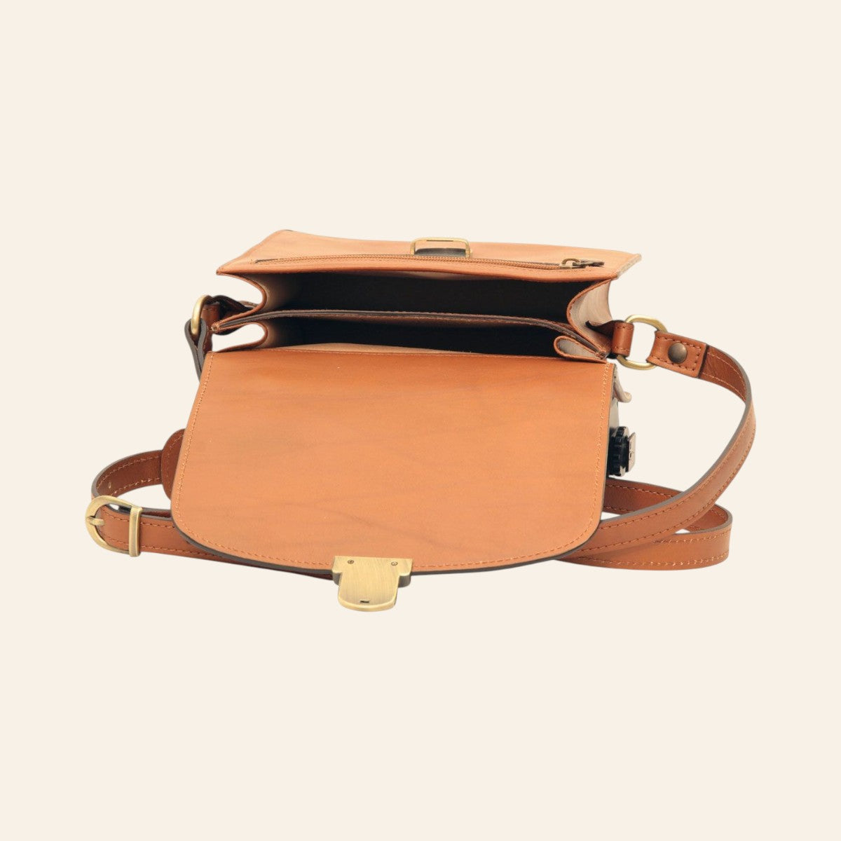 Borsa a tracolla Vetrina Fiorentina in pelle di vitello color coloniale con scomparti interni e chiusura a clip