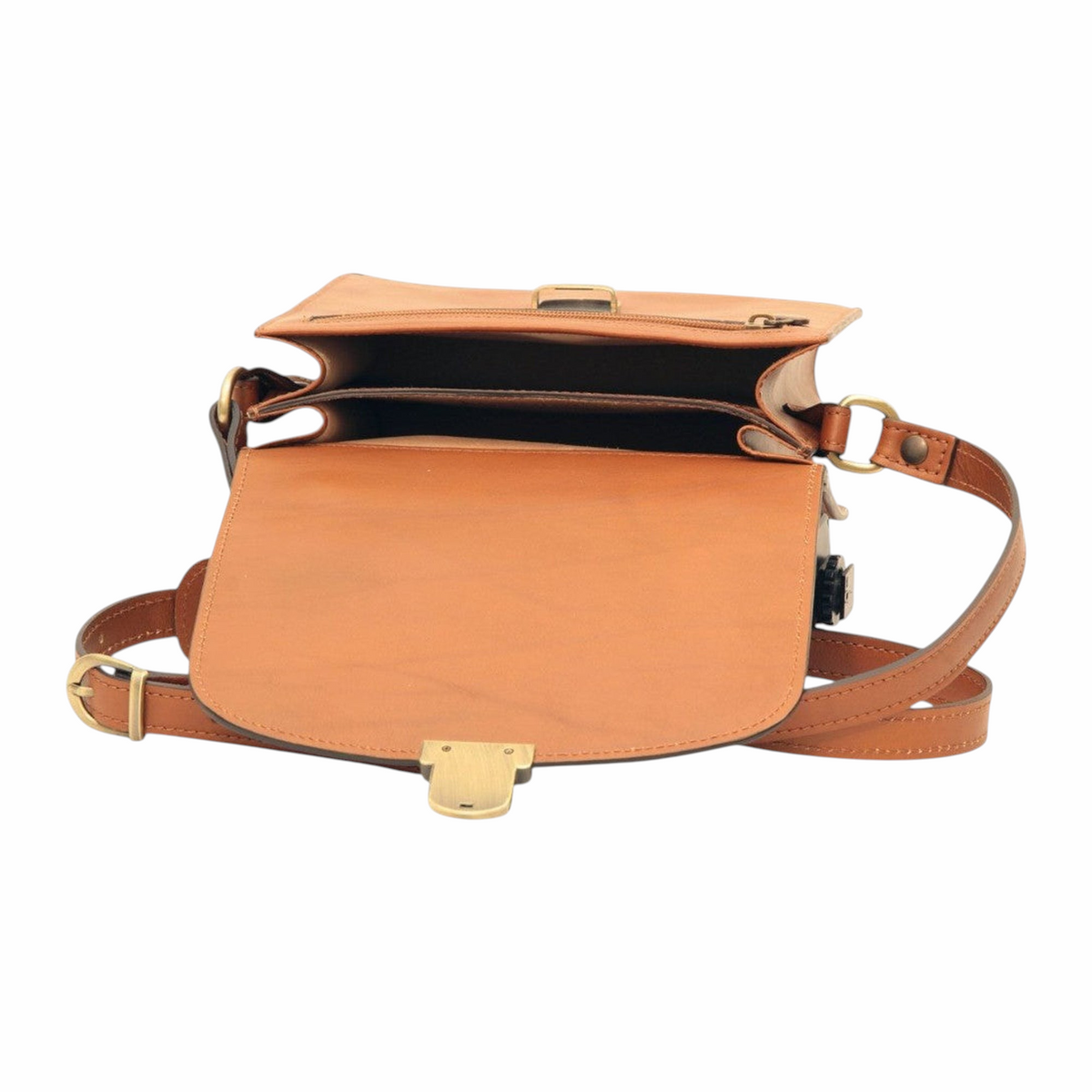 Borsa a tracolla Vetrina Fiorentina in pelle di vitello color coloniale con scomparti interni e chiusura a clip