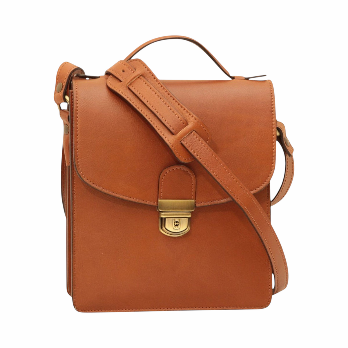 Borsa a tracolla Vetrina Fiorentina in pelle di vitello color coloniale con chiusura a clip e tracolla regolabile