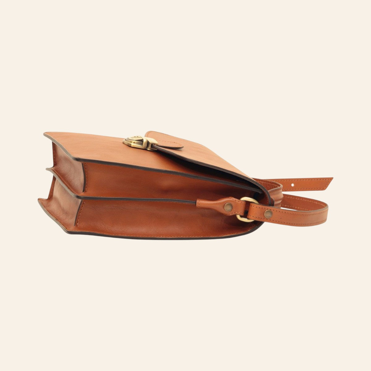 Borsa tracolla uomo Vetrina Fiorentina in pelle di vitello color coloniale con chiusura a clip e tracolla regolabile