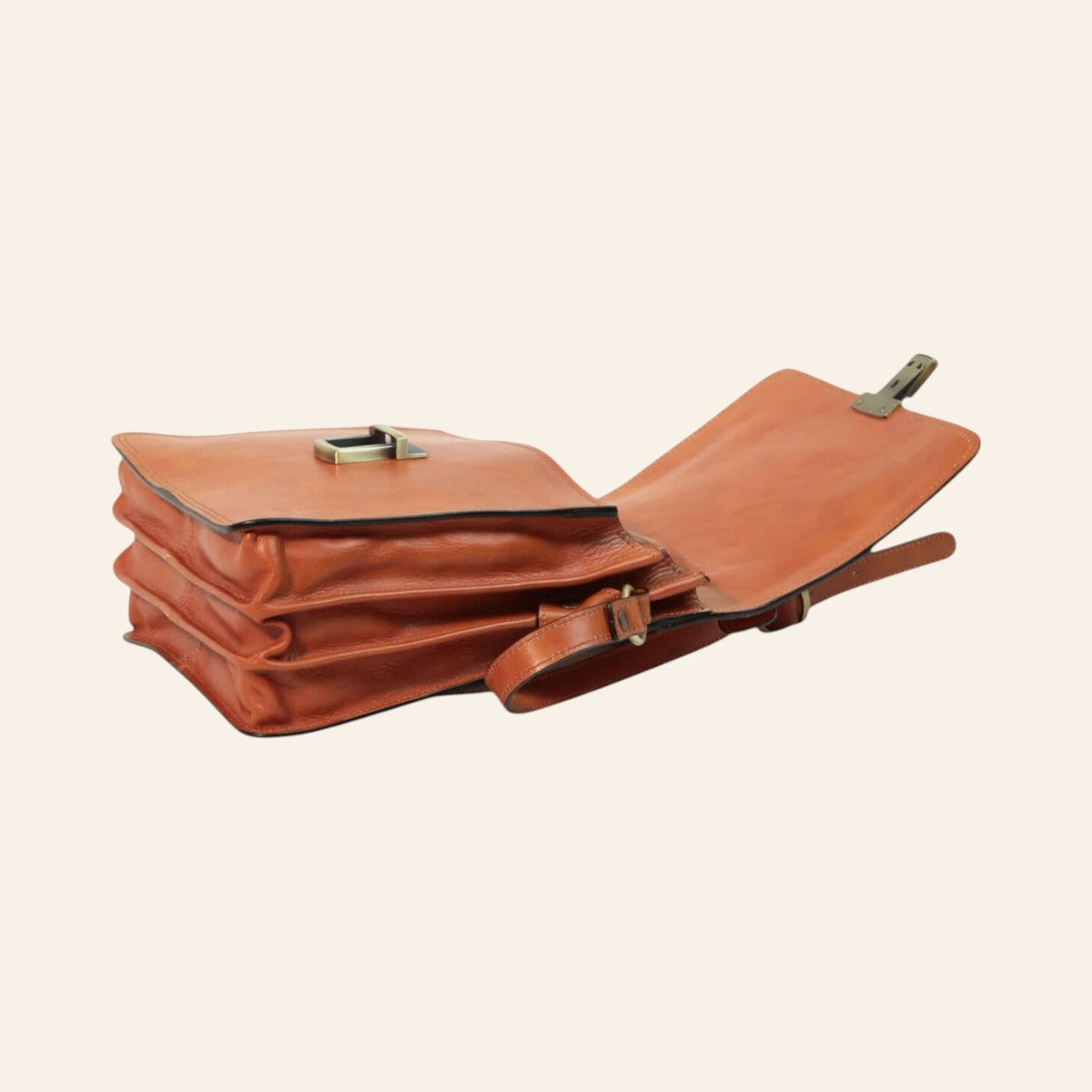 Borsa a tracolla Vetrina Fiorentina in pelle di vitello pieno fiore color coloniale con chiusura a clip