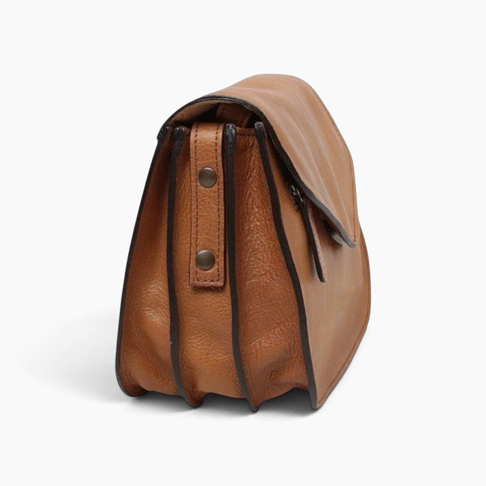 Borsa a tracolla Vetrina Fiorentina in pelle di vitello color coloniale con tre scomparti e dettagli artigianali