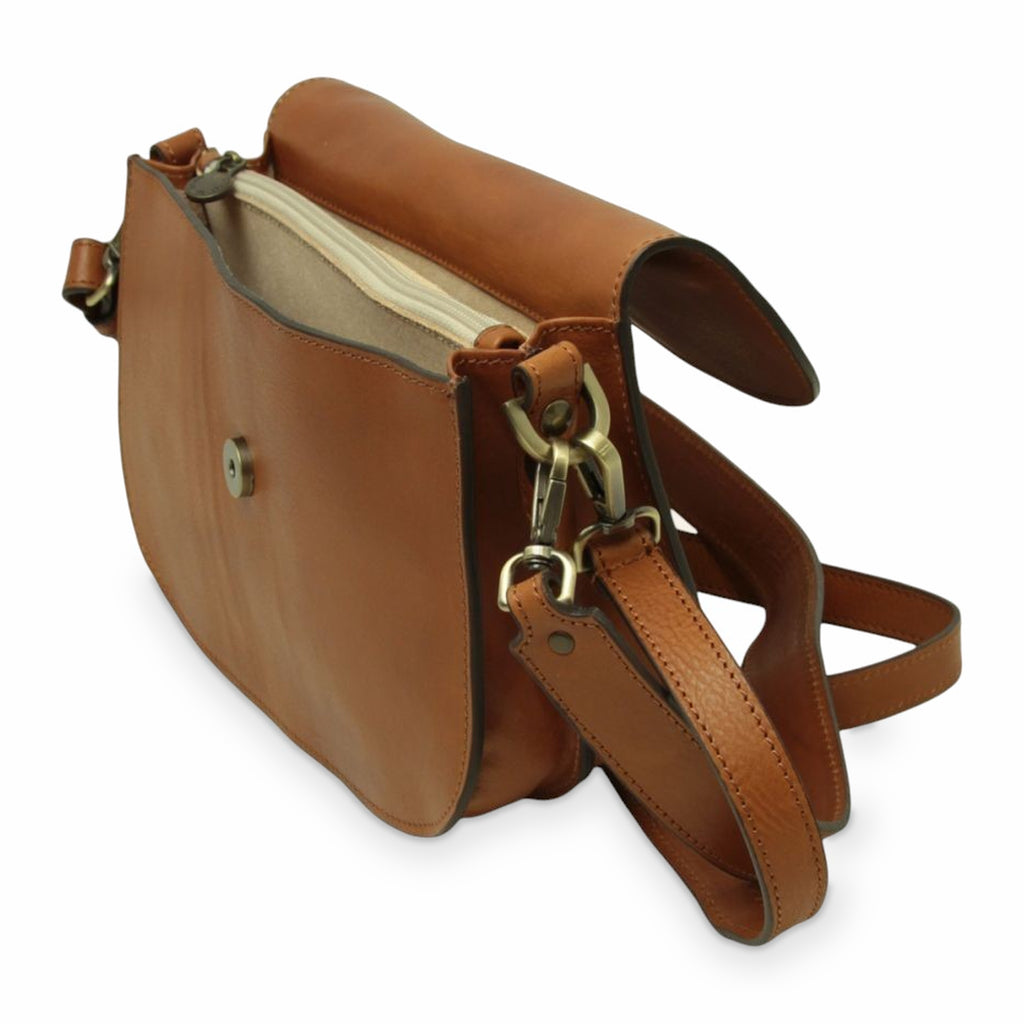 Borsa a tracolla Vetrina Fiorentina artigianale in pelle di vitello color coloniale con chiusura magnetica