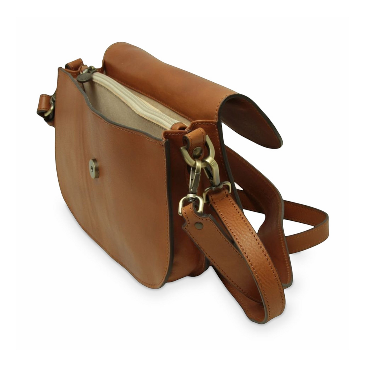 Borsa a tracolla Vetrina Fiorentina artigianale in pelle di vitello color coloniale con chiusura magnetica