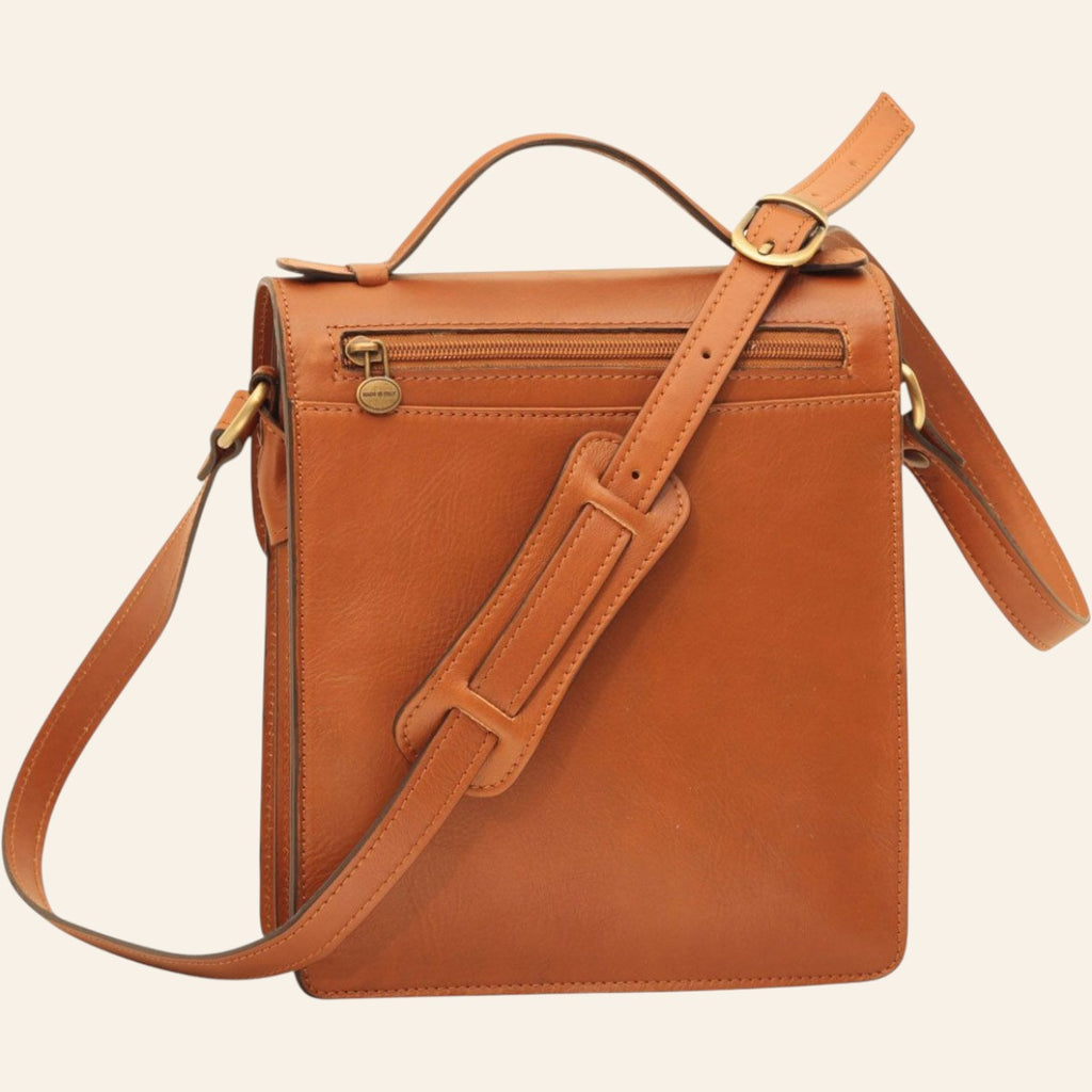 Borsa a tracolla Vetrina Fiorentina in pelle di vitello color coloniale con tracolla regolabile e tasca con zip