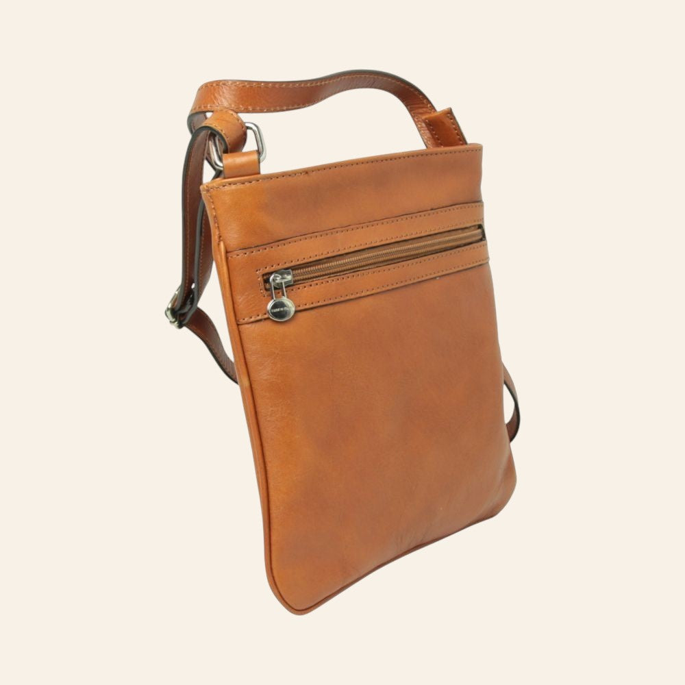 Borsa a tracolla Vetrina Fiorentina in pelle di vitello color coloniale con tasca frontale e tracolla regolabile