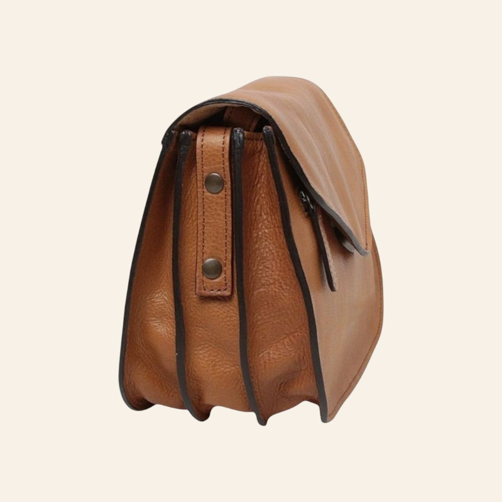 Borsa a tracolla Vetrina Fiorentina in pelle di vitello color coloniale con finiture artigianali e profilo laterale
